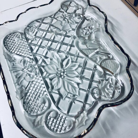 Other - VINTAGE CHRISTMAS HOLLY SLED CLEAR GLASS SERVING DISH GOLD RIM 12.5 INCH